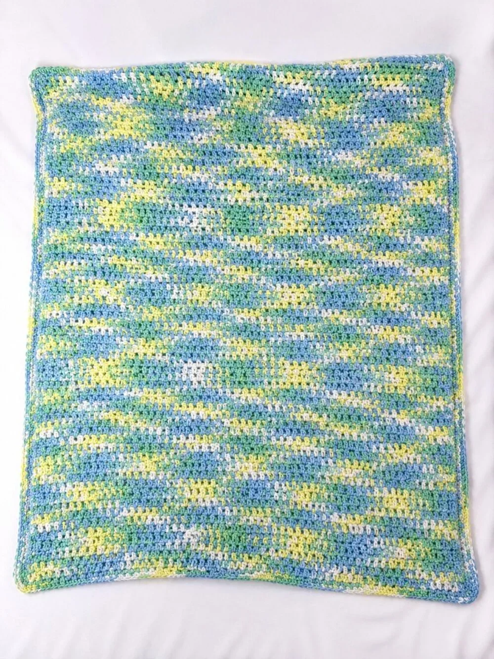 Handmade Crochet Baby Blanket Blue Green Yellow White Grandmacore Nursery Throw